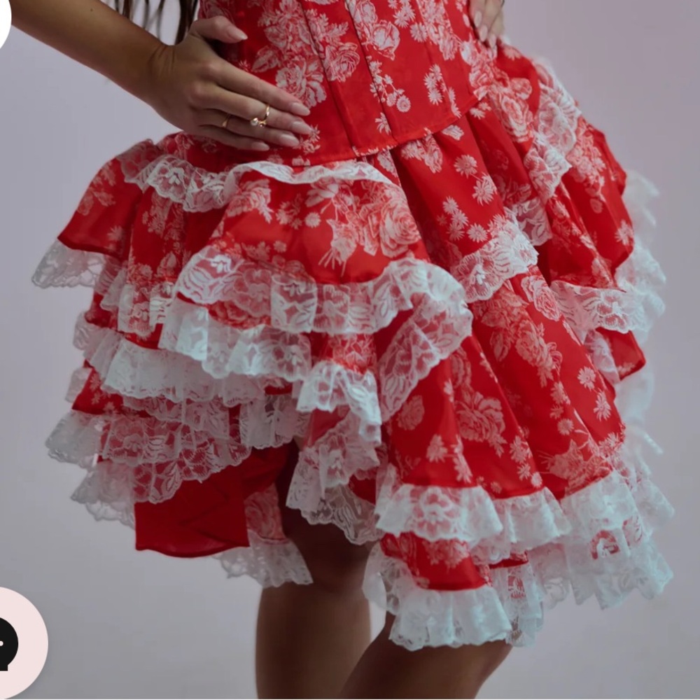 ❤️very Dior! Selkie Secret Admirer Silk Red Asymmetrical Skirt with White Lace - Picture 2 of 15